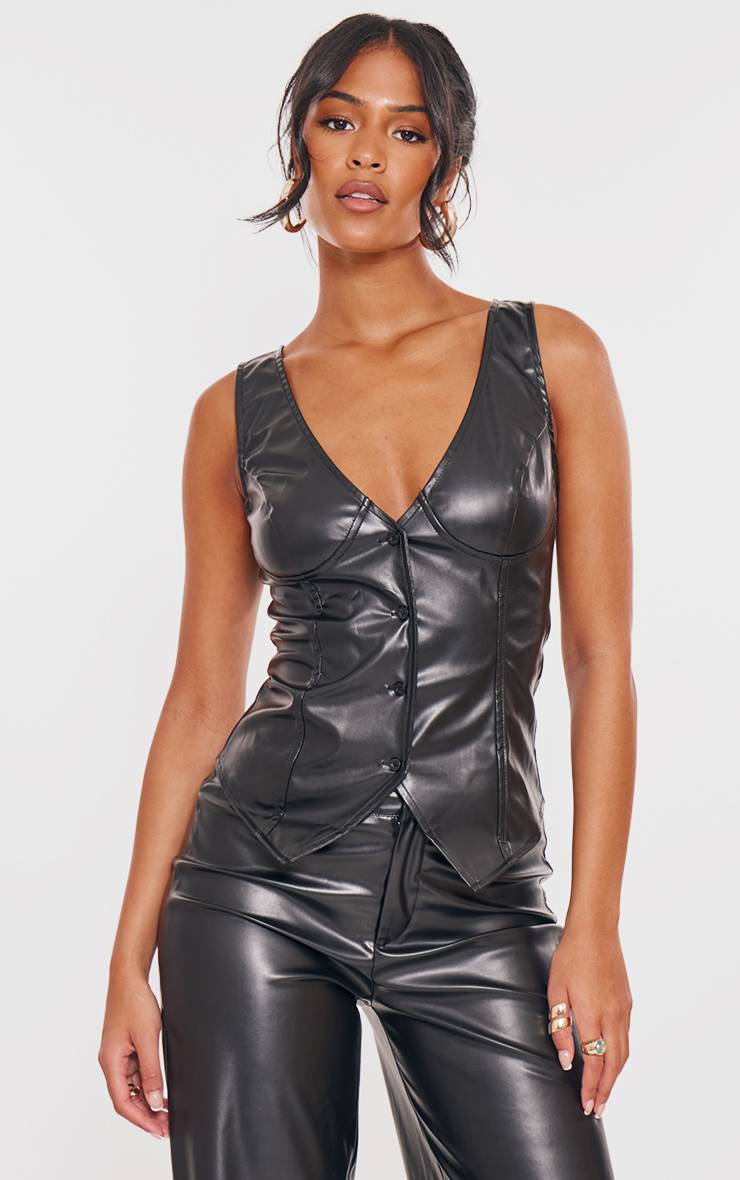 Noir Gilet Long En Synthétiquecuir À Décolleté Plongeant Coordonné