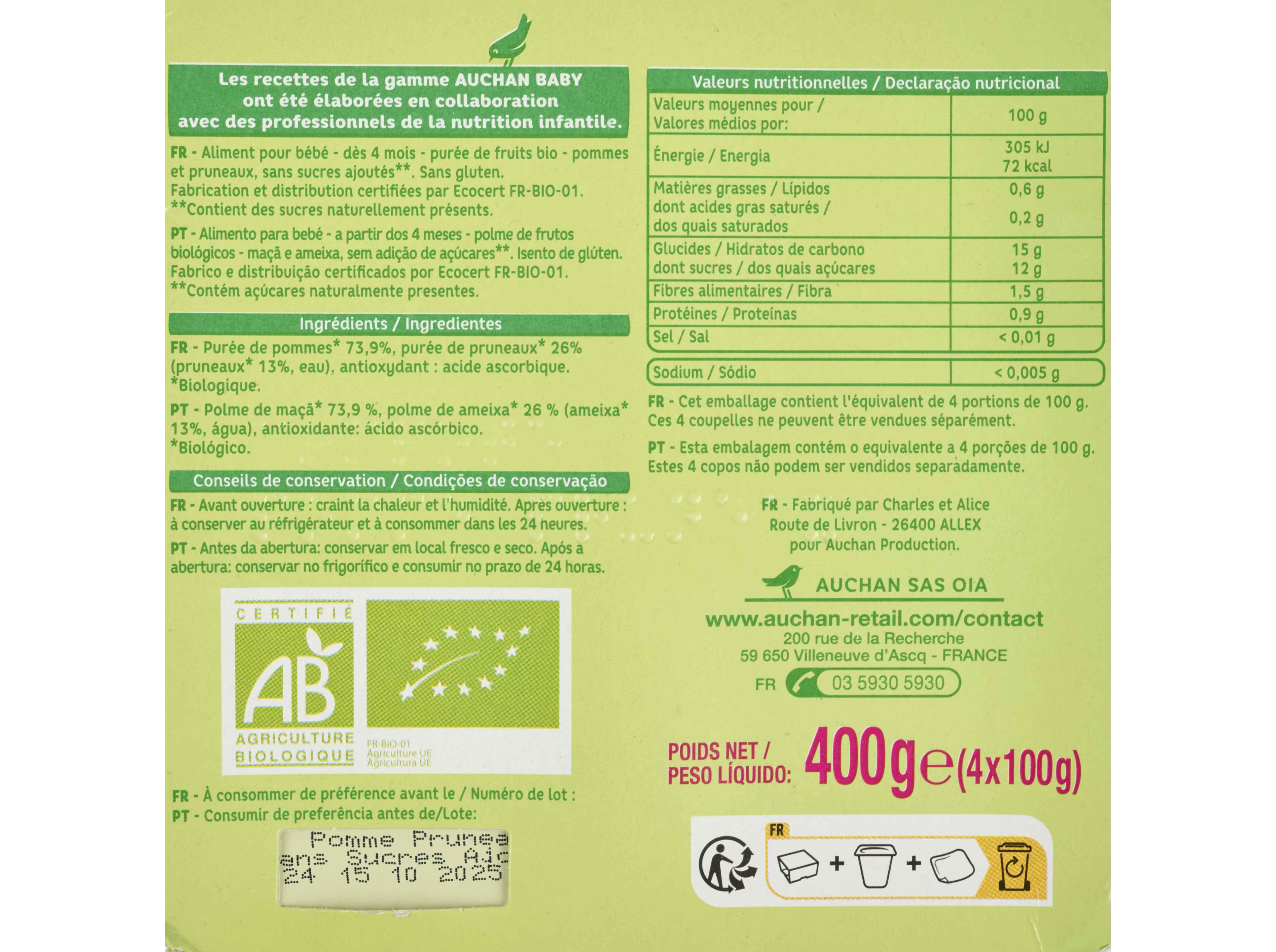 TACINHA FRUTA AUCHAN BABY BIO MAÇÃ E AMEIXAS SEM GLÚTEN 4X100G