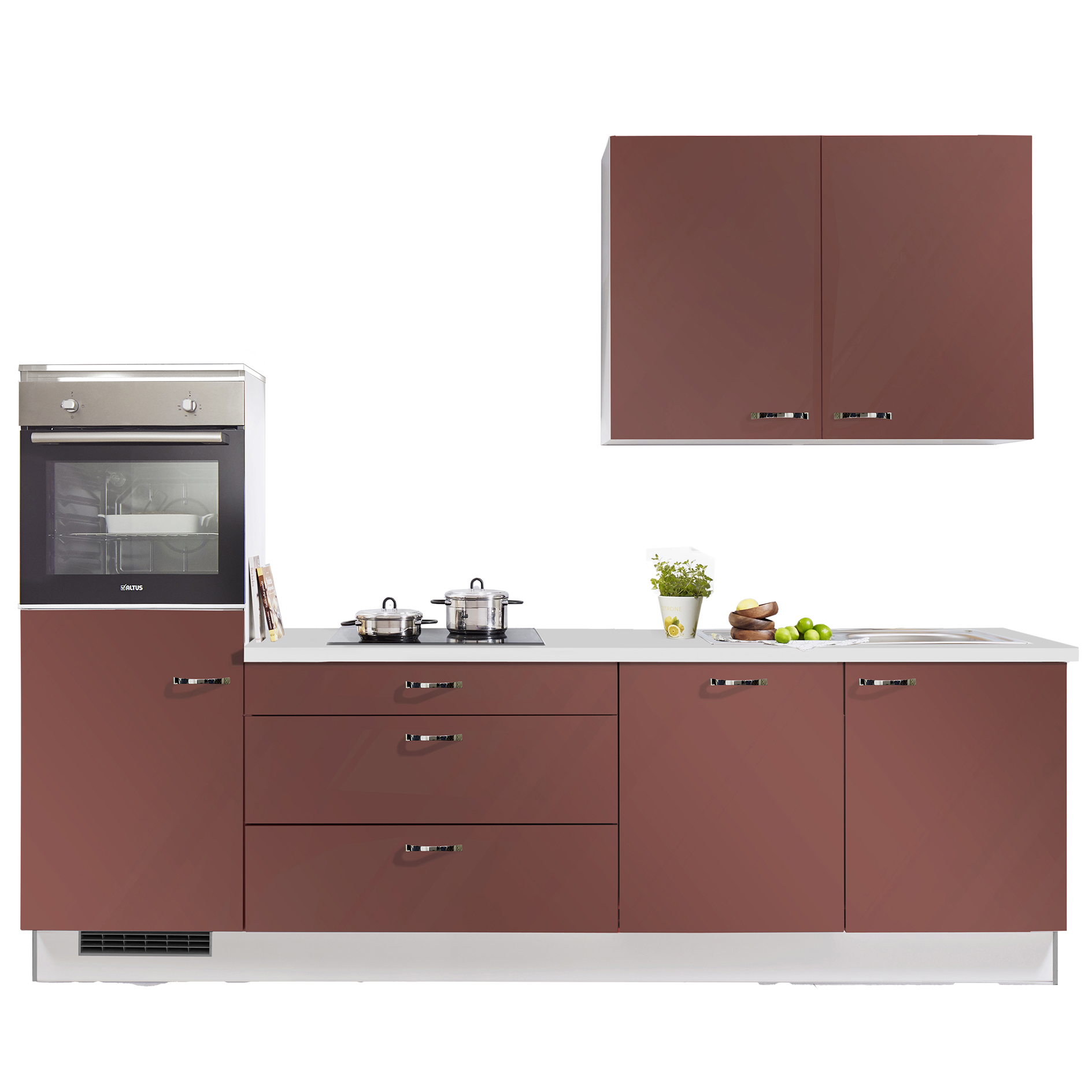 Küchenblock PN105 - Rubinrot - weiß - mit E-Geräten - Kühlschrank links - 280 cm