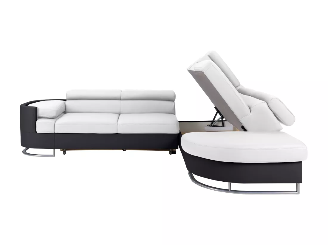 Canapé d'angle droit convertible en simili blanc et noir MYSEN II