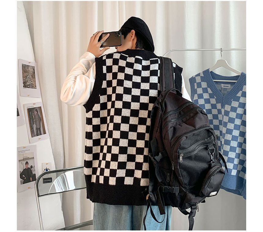 Whyessa - V-hals geruit oversized gebreid vest