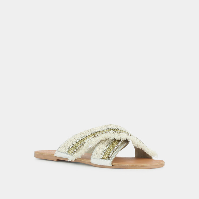 Mules à larges brides  en textile écru et perles
