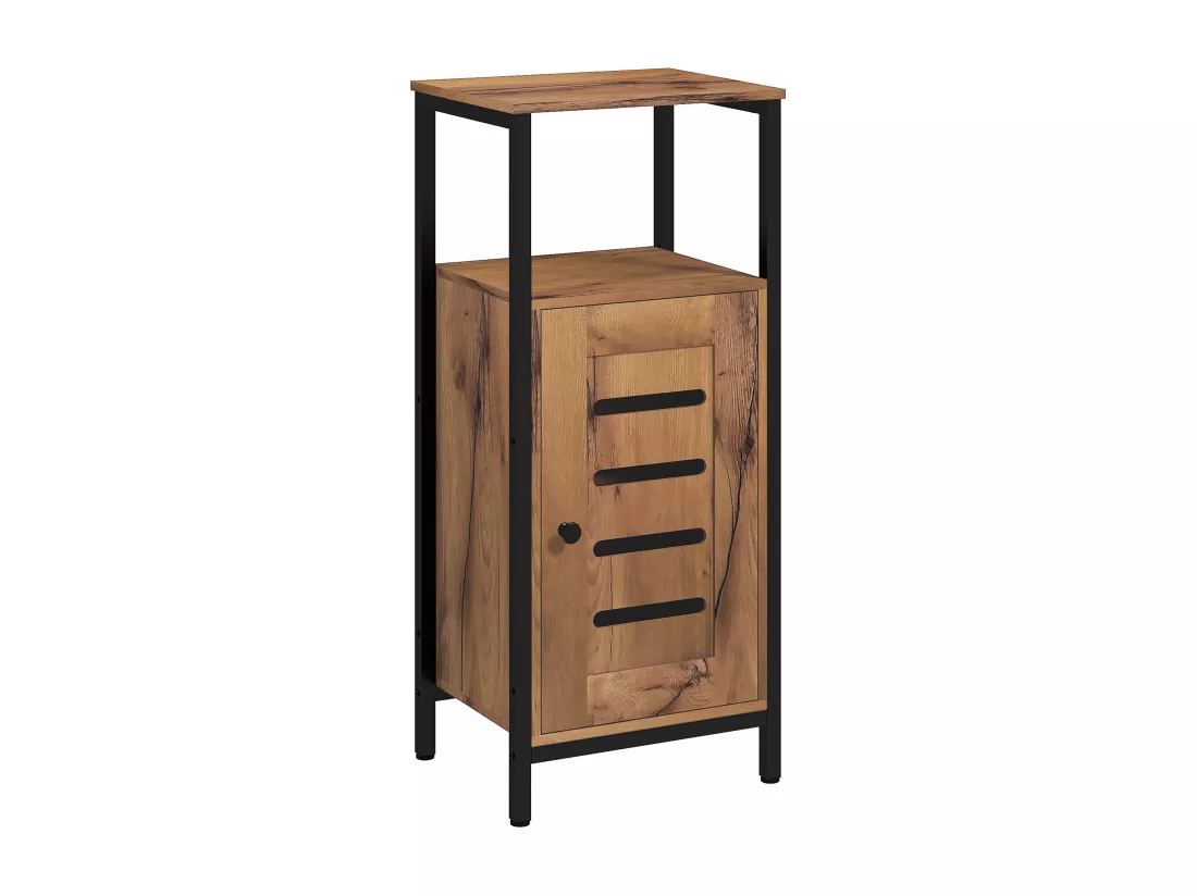Meuble bas de salle de bain avec porte, armoire de toilette structure en acier, meuble colonne sur pied avec niche ouverte et étagère réglable, 37 x 30 x 85 cm, brun rustique