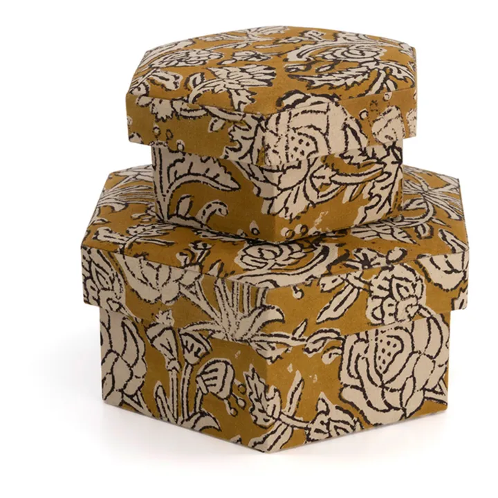 Doing Goods Boites hexagonales Botanical en bois et coton - Set de 2 | Jaune moutarde