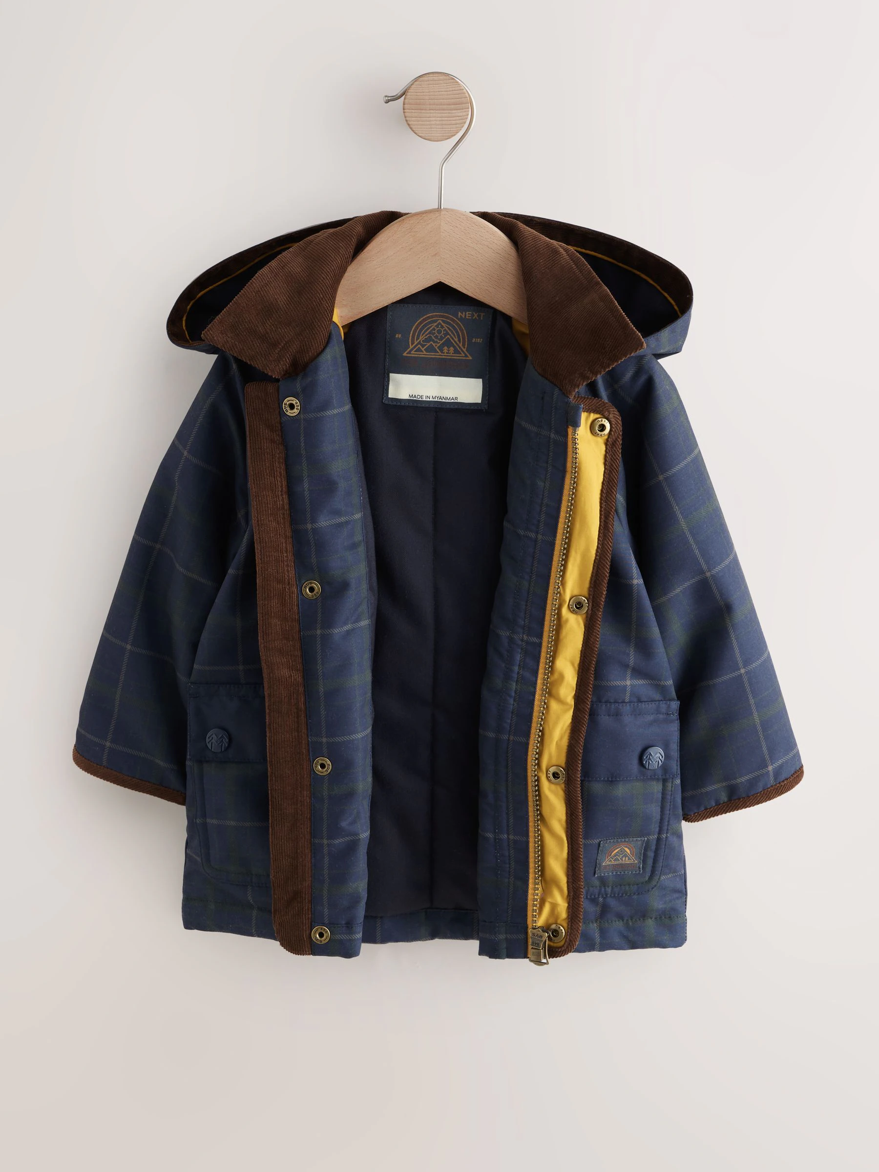 Marineblauw - Regenbestendige jas met capuchon en corduroy kraag (3mnd -7jr)