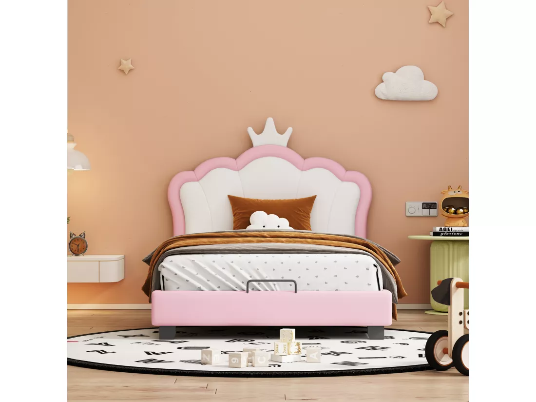 Lit avec tête de lit en forme couronne 90 x 200 cm - cuir PU - pour enfant - coloris rose
