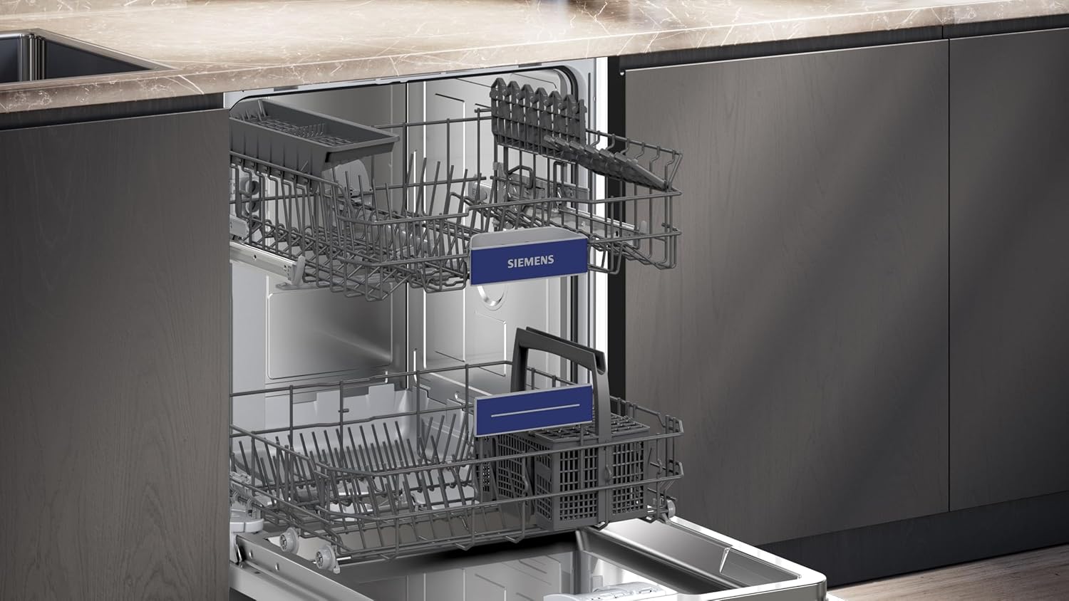 Siemens SN53HS03TE iQ300, Geschirrspüler Teilintegriert 60 cm, Besteckkorb, smartStart, Programm-Assistent, Oberkorb höhenverstellbar, Bestätigte Hygieneleistung, aquaStop, Gebürsteter Stahl