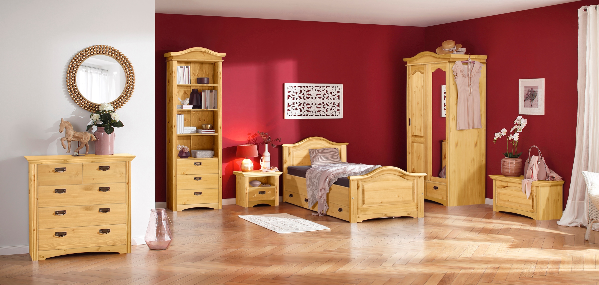 Home affaire Massivholzbett »Konrad, Stauraumbett, Messinggriffe, rustikaler Landhausstil« inklusive 2 Schubladen, zertifiziertes Massivholz, FSC®