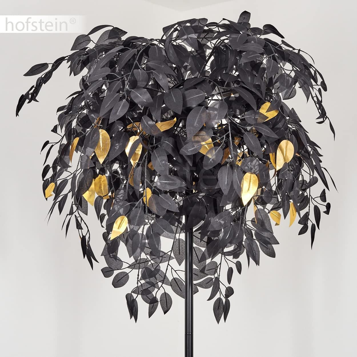 Stehleuchte Kallax, Stehlampe aus Metall/Kunststoff in Schwarz/Goldfarben, Standlampe mit Schirm in Blatt-Optik, Höhe 190 cm, mit Fußschalter am Kabel und Lichteffekt, 3 x E14, ohne Leuchtmittel