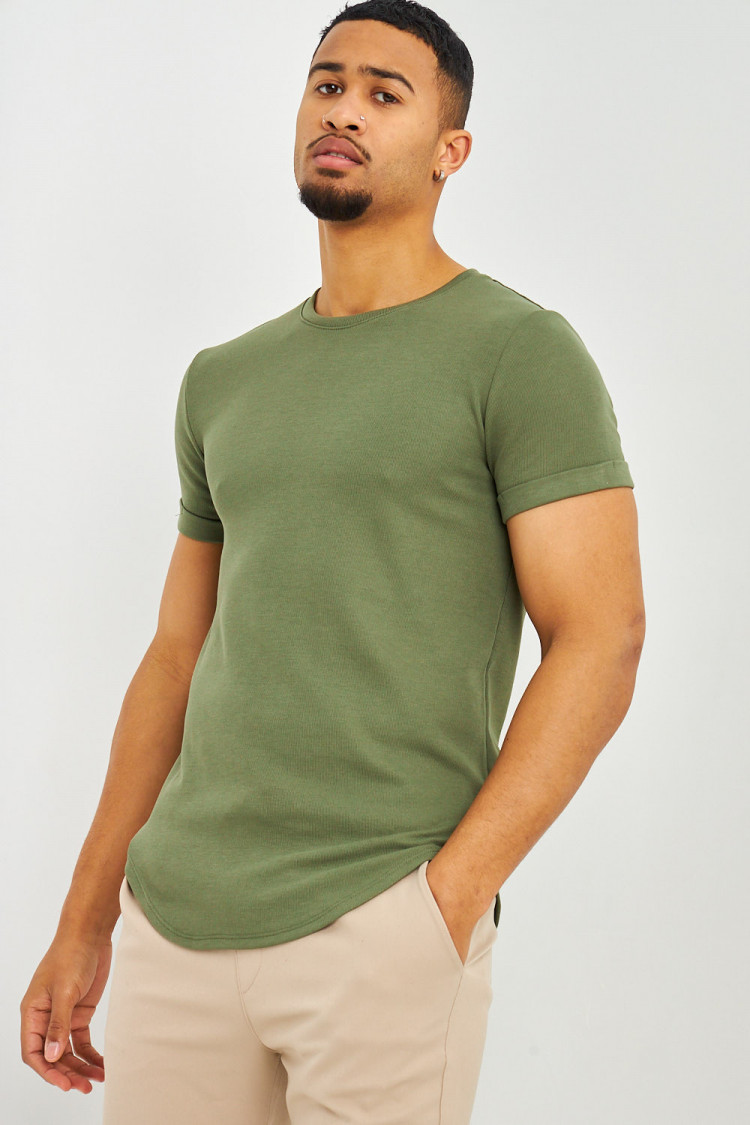 T-shirt côtelé kaki manches courtes à revers