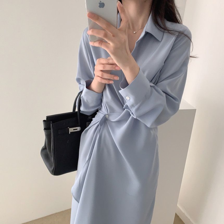 Onipixiy - Asymmetrische, effen midi-jurk met lange mouwen en wikkelmotief