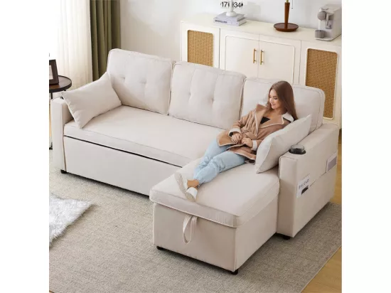 Canapé d'angle réversible convertible en coton et en lin, Méridienne avec rangement, porte-verres, 211x129.5x86cm, Beige