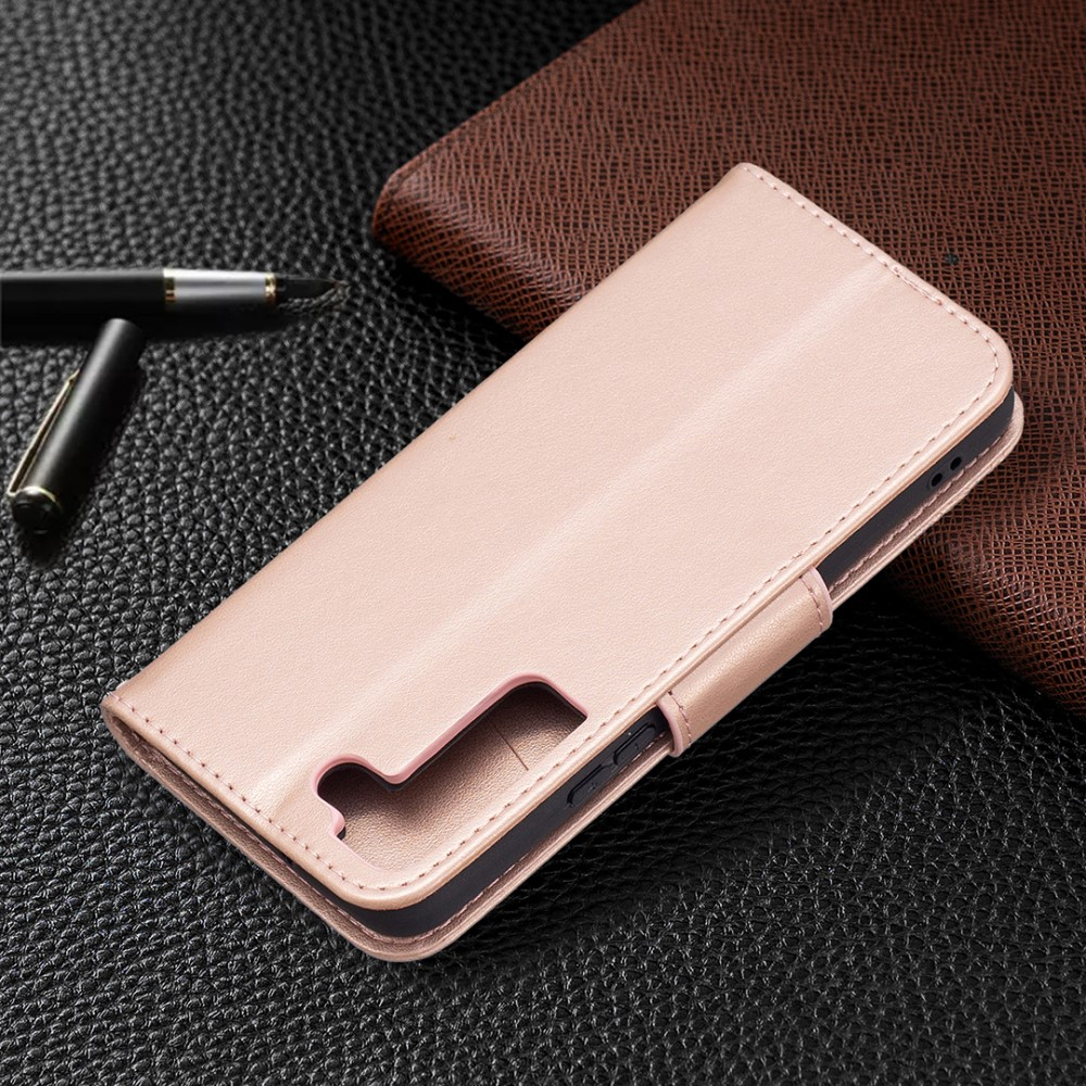 Samsung Galaxy S22 5G Leder Tasche mit Kartenfach   Handschlaufe Schmetterling - Roségold