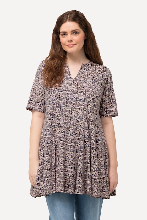 Longshirt, Godetfalten, Tunika-Ausschnitt, Halbarm