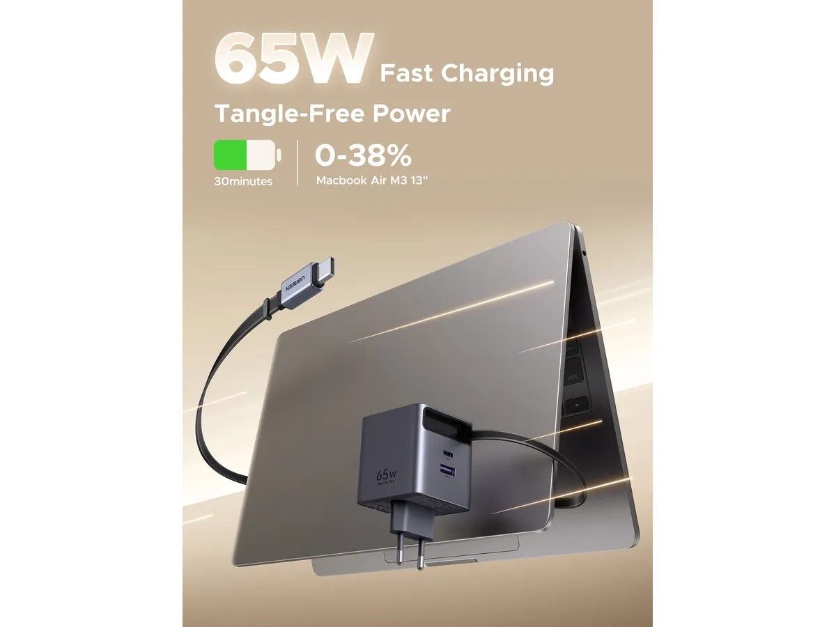 (65W) 3in1 USB C / USB A GaN Ladegerät Fast Charger GaNinfinity & Thermal Guard mit ausziehbarem USB C Ladekabel (65825) - Silber