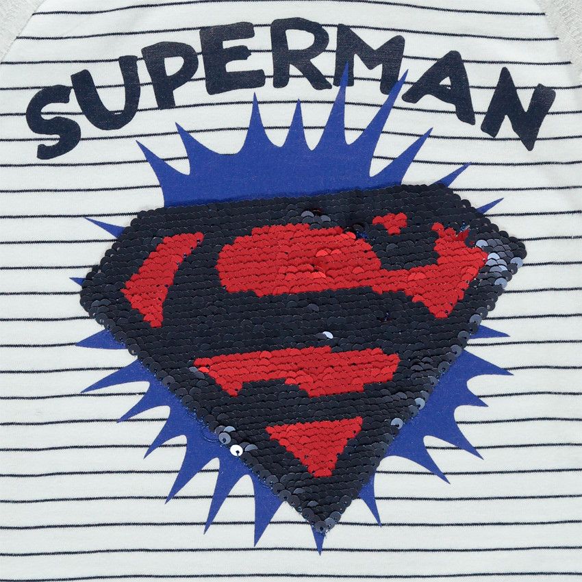 T-shirt manches longues à rayures et logo Superman en sequins magiques - Gris chiné