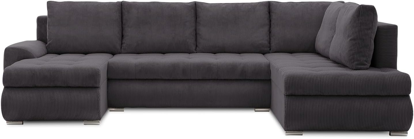 Mebligo - Ecksofa mit Schlaffunktion und Bettkasten Tokio II PRO, 300 cm Breit, Wohnzimmer Eckcouch Ottomane Rechts, Sofa Cord mit Bettfunktion - Sofa Grau (Poso 022)