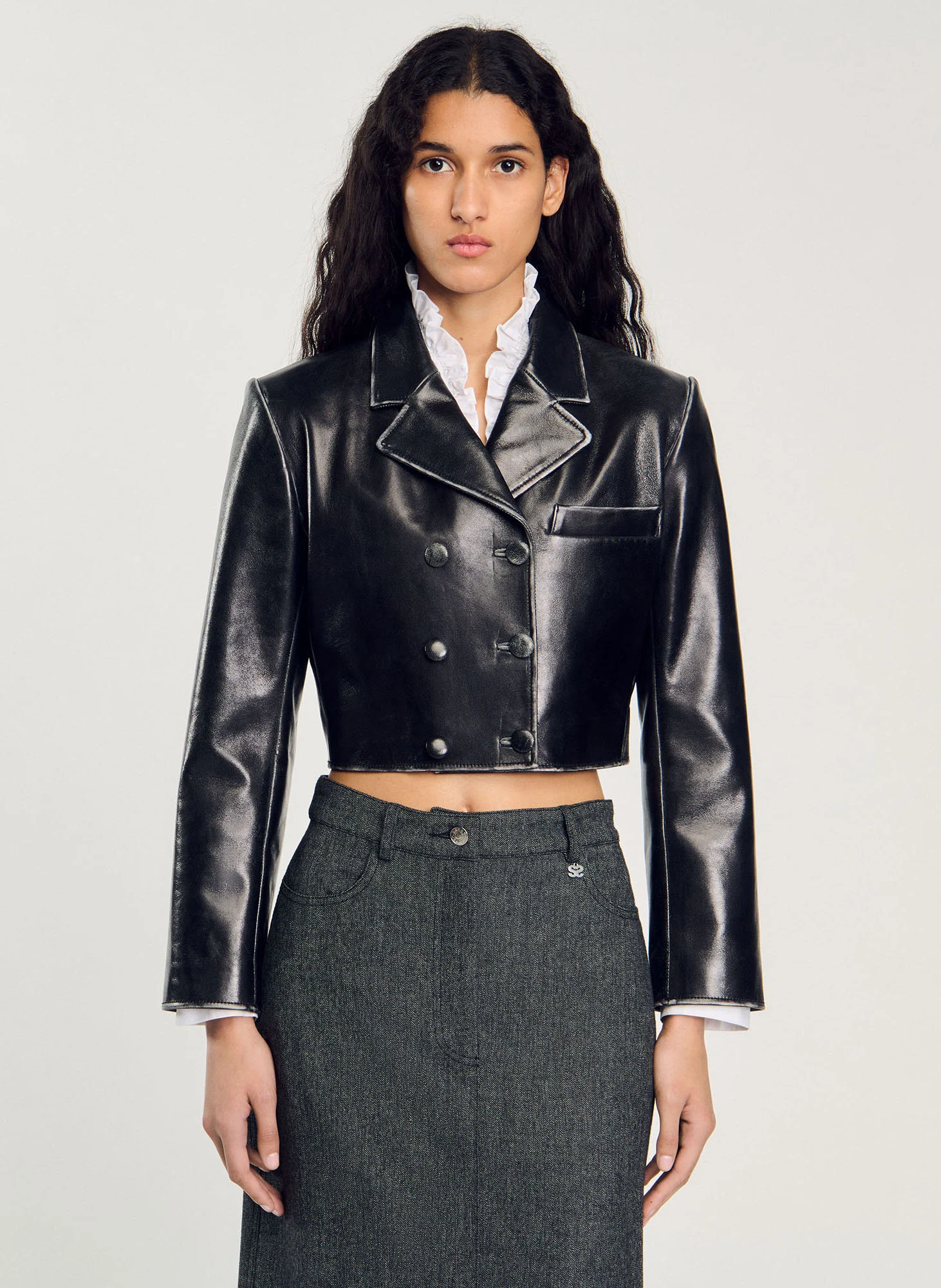 Veste en cuir courte col tailleur | Noir