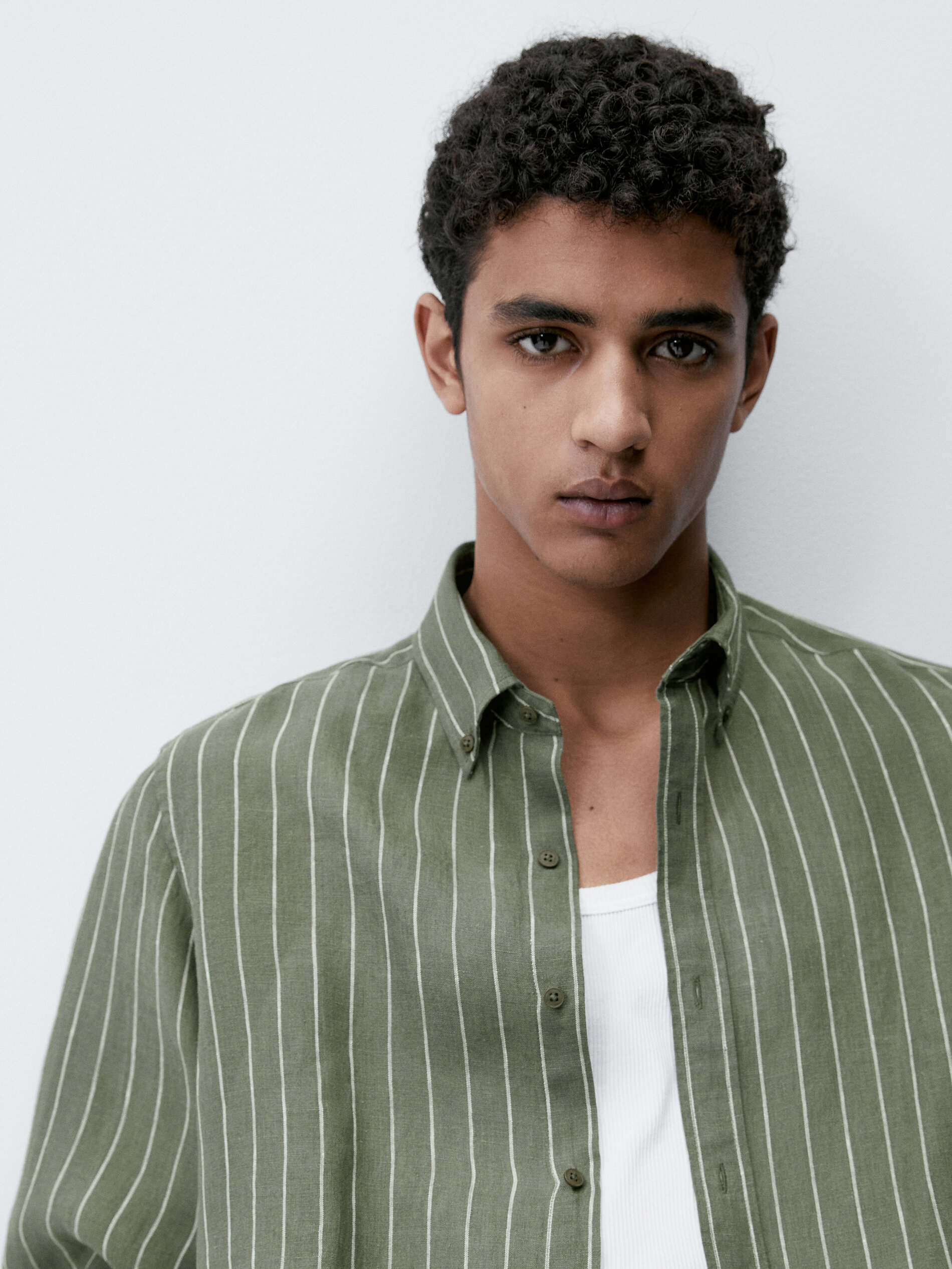 Camisa raias 100% lino slim fit - VERDE