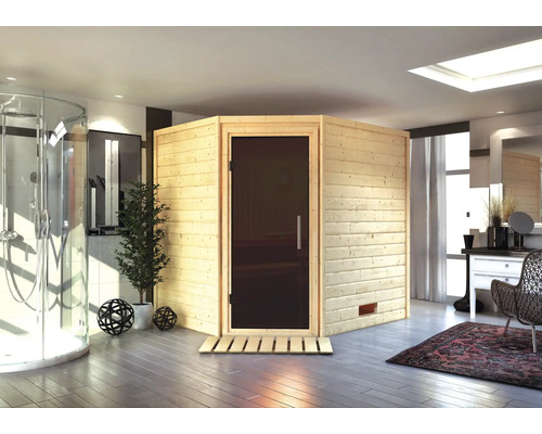 Karibu Mia blokhutsauna zonder kachel en dakrand, met grafietkleurige volledig glazen deur