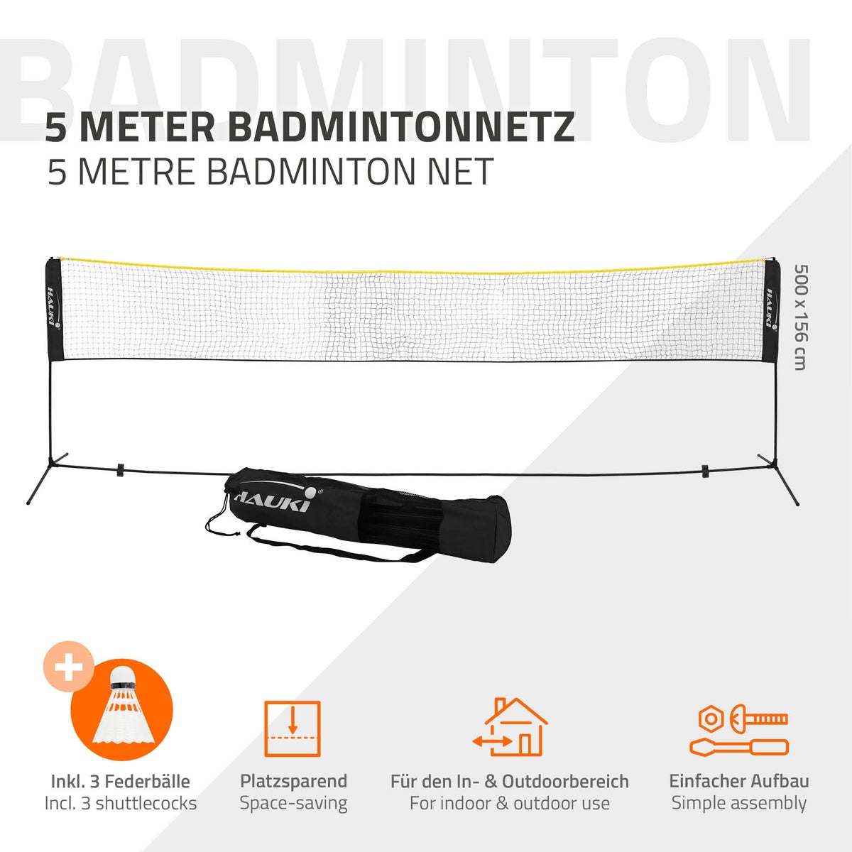 Hauki Badmintonnet, Tennisnet 500cm, Zwart, Hoogte: 156cm, Shuttlecock Netset incl. 3x Shuttlecocks, Draagtas, Stevig ijzeren frame, Draagbaar volleybalnet, Trainingsnet voor binnen en buiten