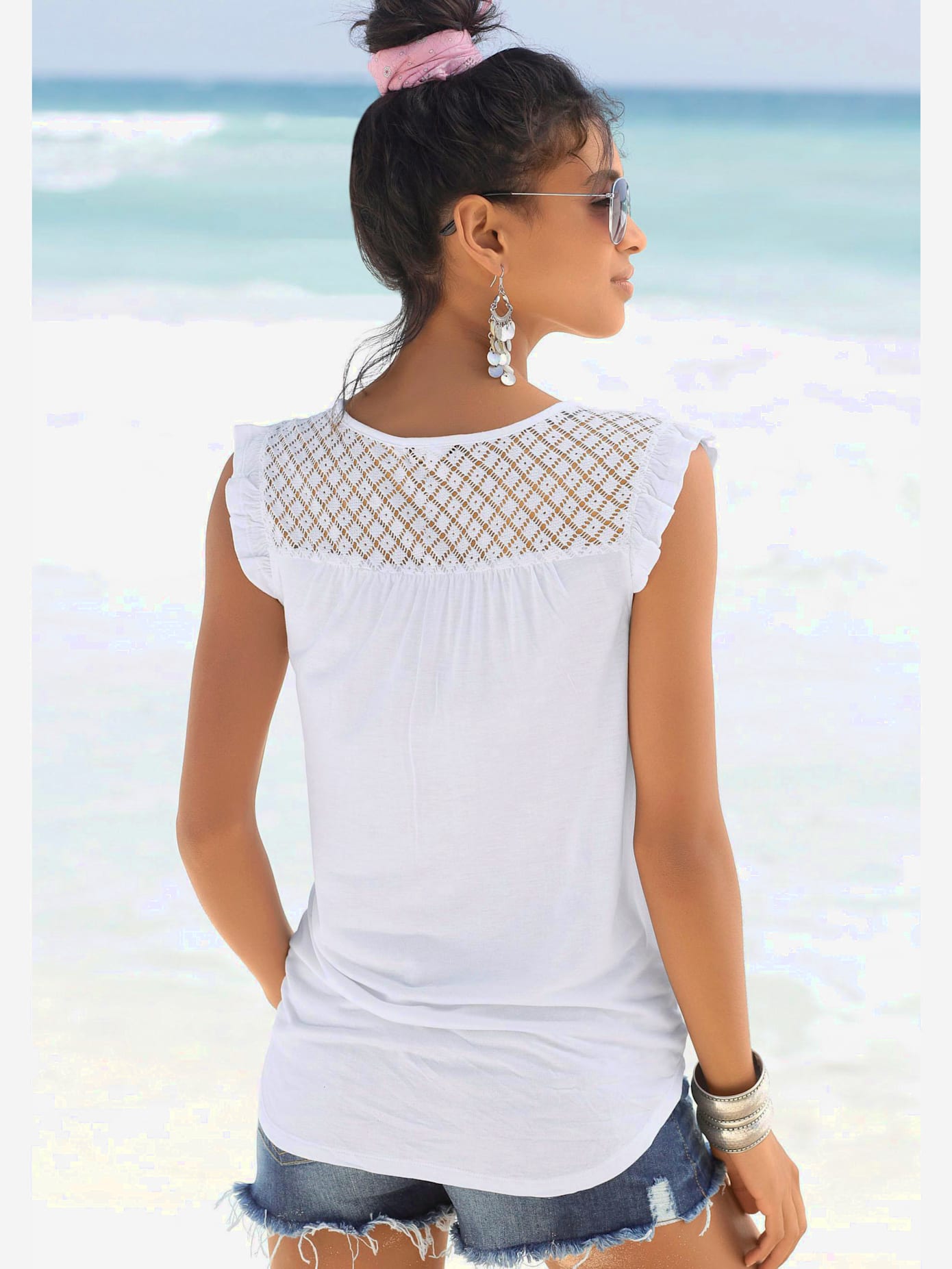 T-shirt de plage encolure avec fente et lien à nouer