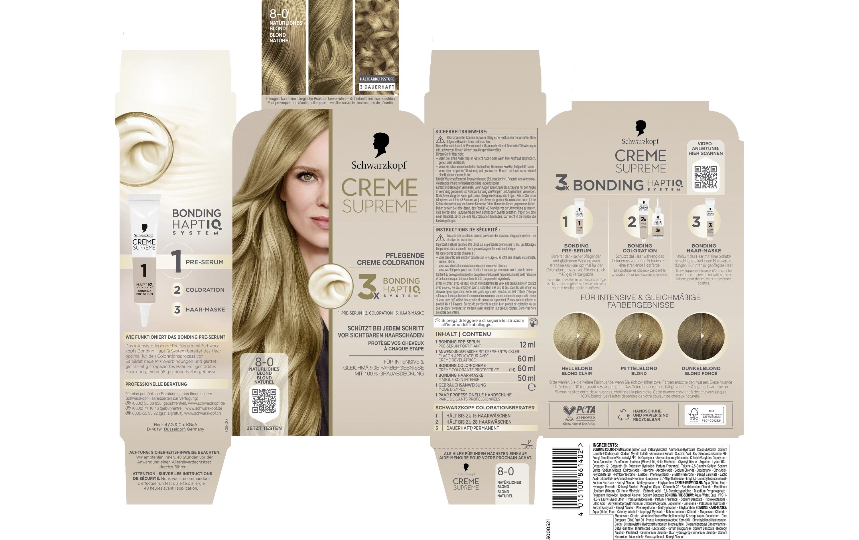 Haarcoloration Creme Supreme 8-0 Natürliches BlondColoration, schützt das Haar sichtbar vor Haarschäden