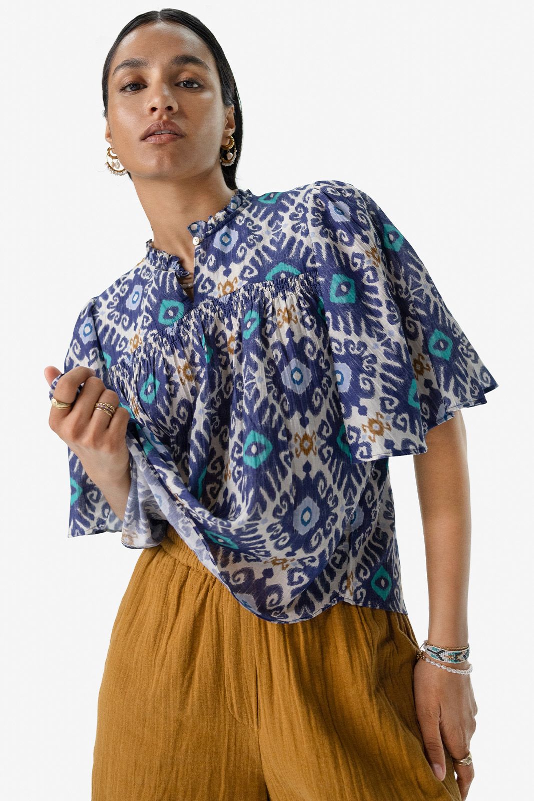 Blauwe A-lijn blouse met print