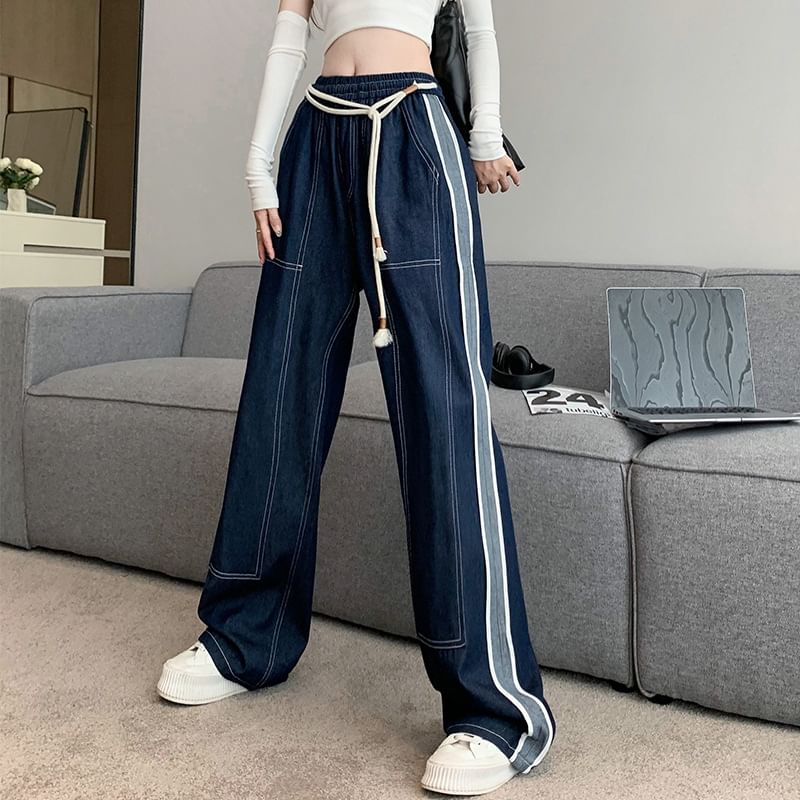 wingsira - High Rise Contrast Trim Wide Leg Jeans