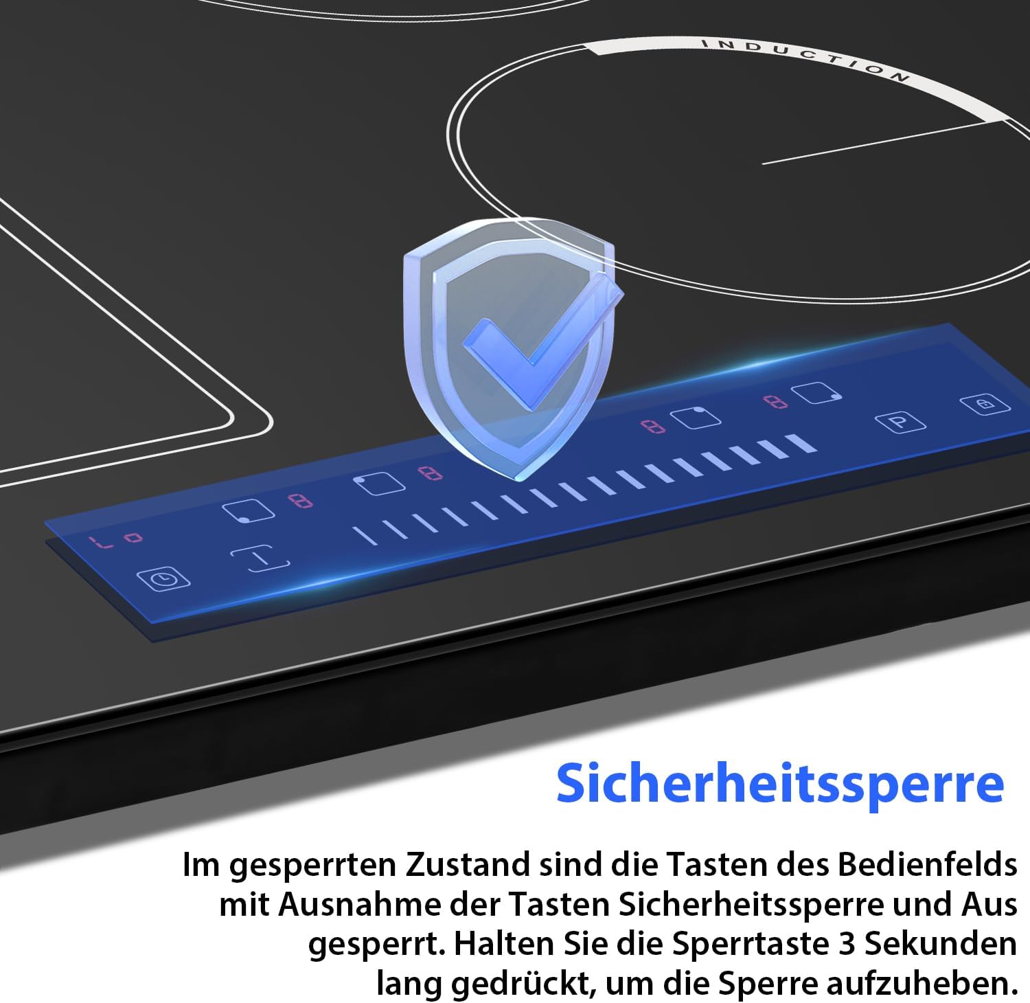 Induktionskochfeld 4 Platten mit Stecker, Kochfeld Autark, Einbau 59cm, 3500W, Kombizone für Grill, Slider-Touch-Steuerung, Schwarze Keramikglasplatte, 220V, 50Hz, 16A Steckerdose