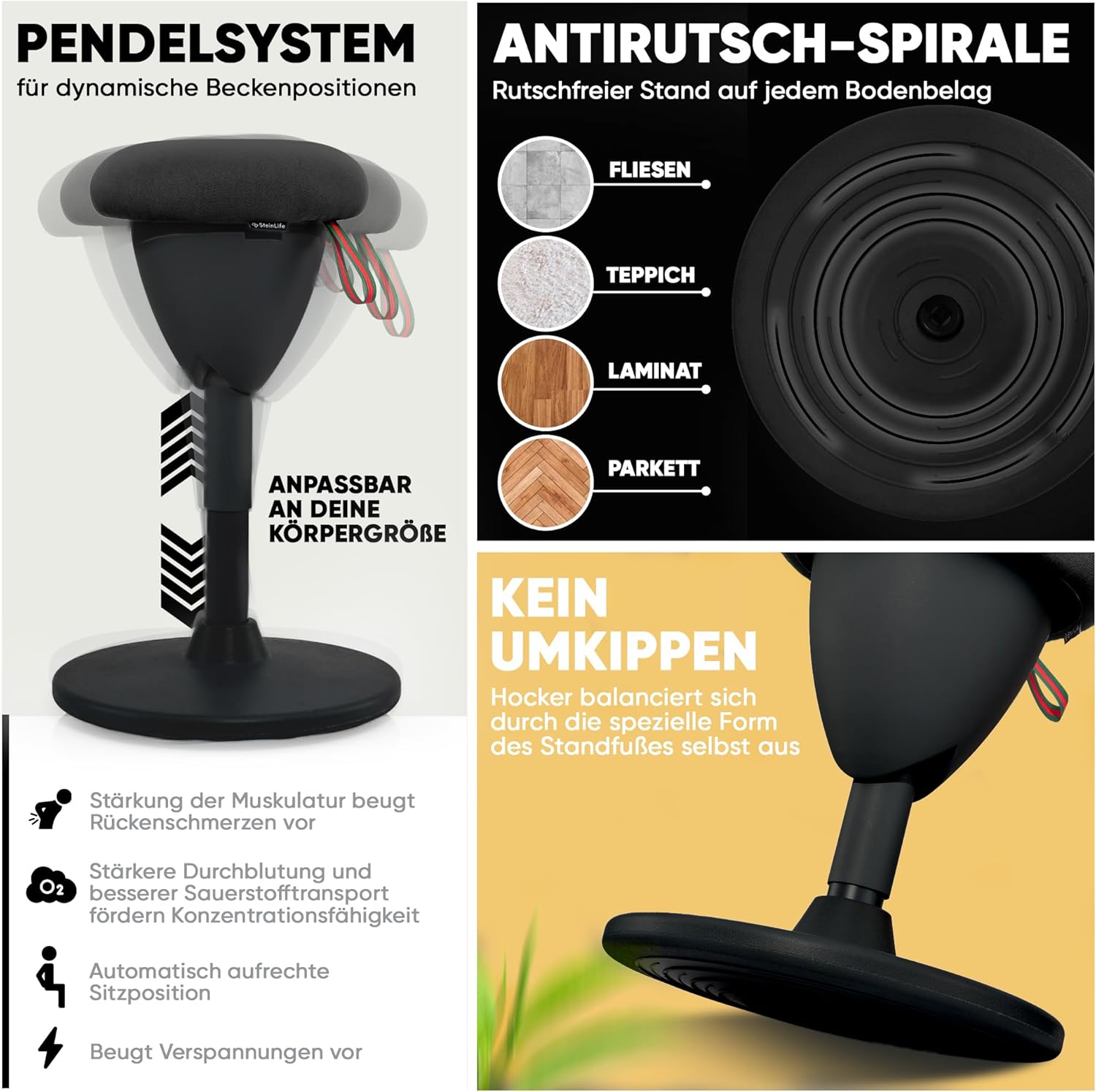 Bürohocker Ergonomisch [TESTSIEGER] Sitzhocker Höhenverstellbar [48-68cm] Ergonomischer Hocker für Büro [Schwingeffekt] Wackelhocker Stehhocker | Arbeitshocker rutschfest Rund
