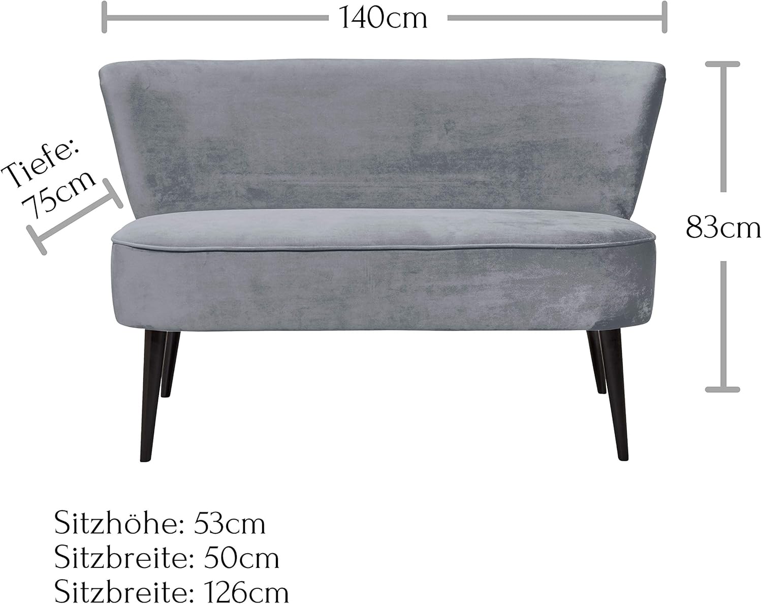 Stella Trading LORD Esszimmerbank mit Rückenlehne, Massivholz Füßen & Microvelours Bezug, Grau - Bequeme 2-Sitzer Sitzbank mit gefedertem Sitz - 140 x 83 x 75 cm (B/H/T)