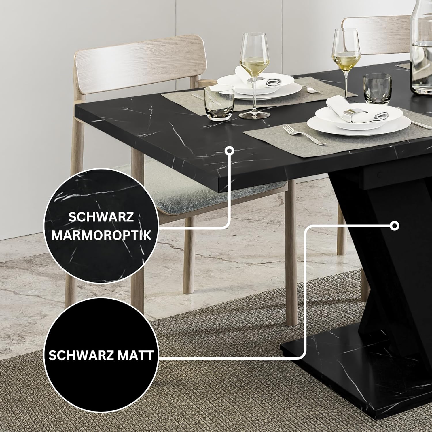Esstisch Ausziehbar Schwarz Malvi – Moderner Küchentisch 120-160 cm für 4–6 Personen | Einfache Montage | Ideal für Esszimmer & Küche | Dining Table