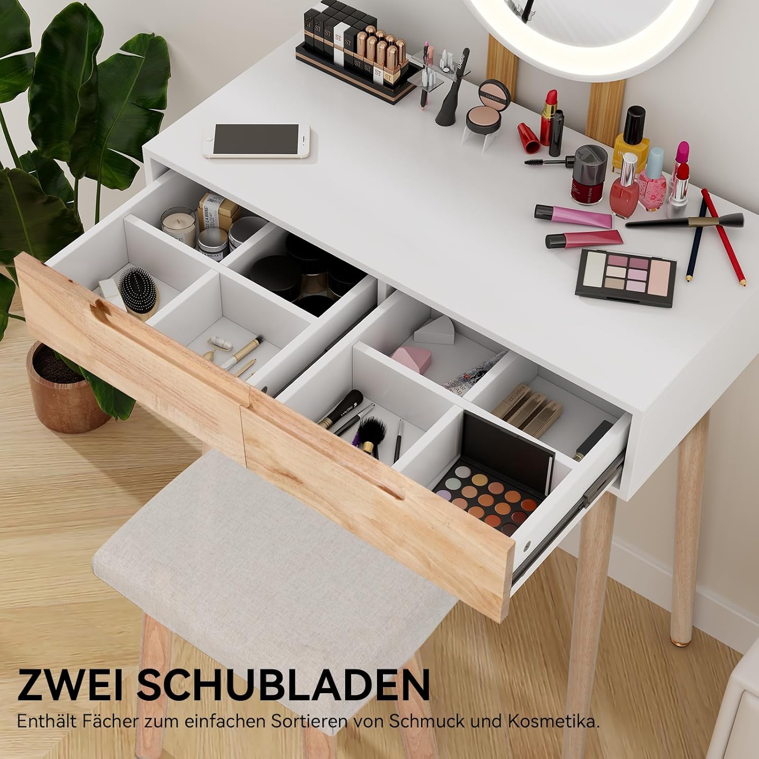 YU YUSING Schminktisch mit LED-Beleuchtung Spiegel 3 Farben, Schminktisch mit Stuhl, Frisiertisch Kosmetiktisch mit 2 Schubladen, 70cm Frisierkommode Make Up Dressing Vanity, Modern, Holzfarbe
