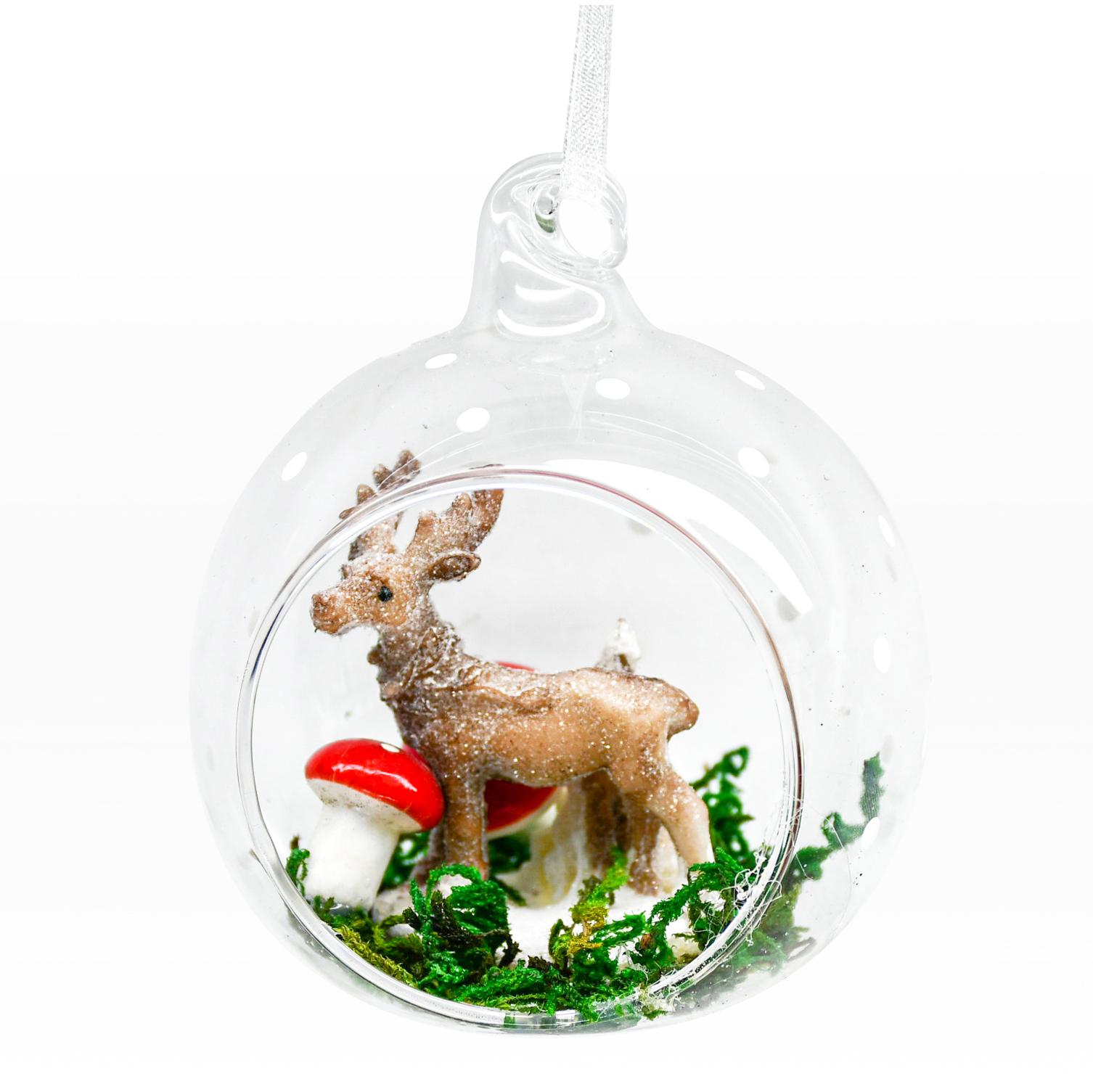 BOULE NOEL OUVERTE CERF ET CHAMPIGNONS D.8CM
