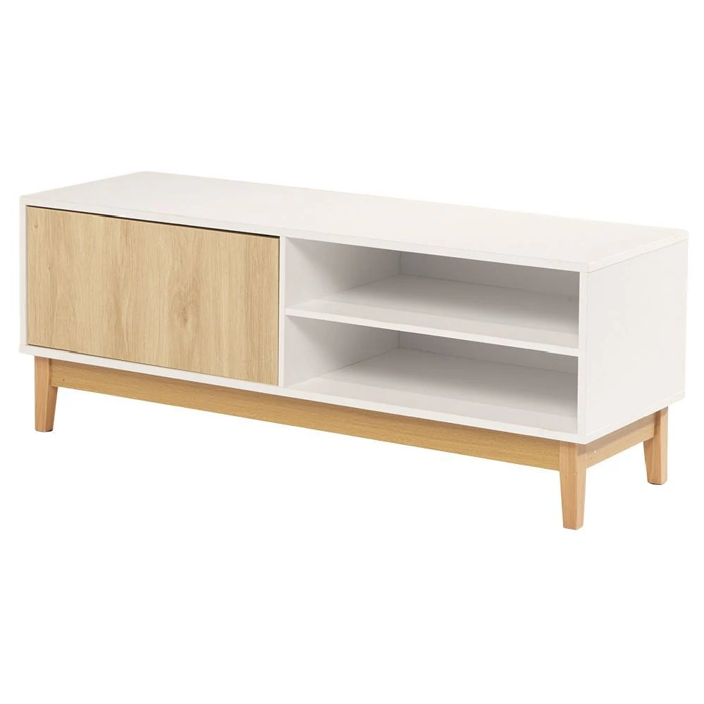 Meuble TV Lida 2 niches 1 porte en bois naturel et blanc