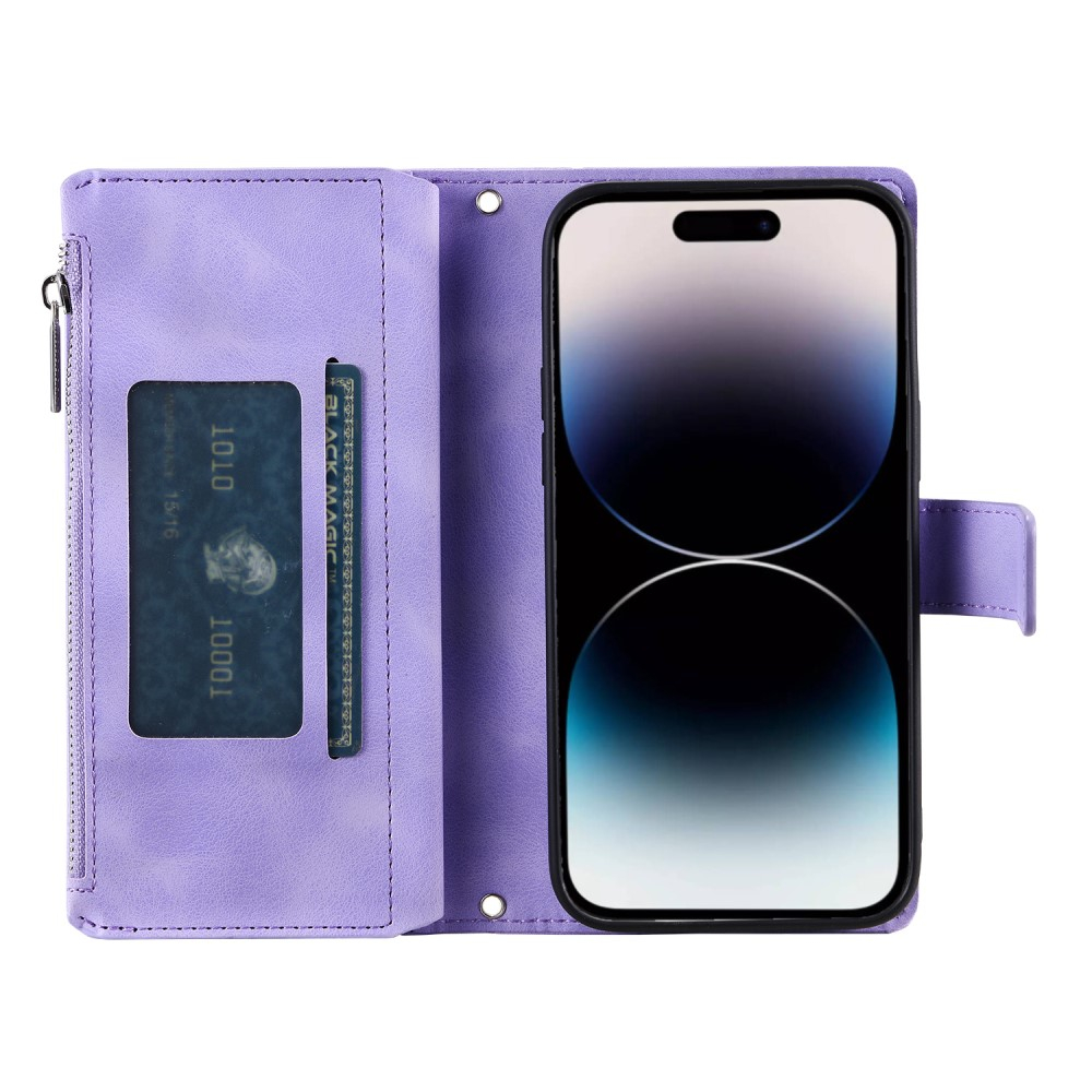 iPhone 15 Pro Leder Tasche Flip Cover mit Reissverschluss - Mandala Flowers Imprint - Lila