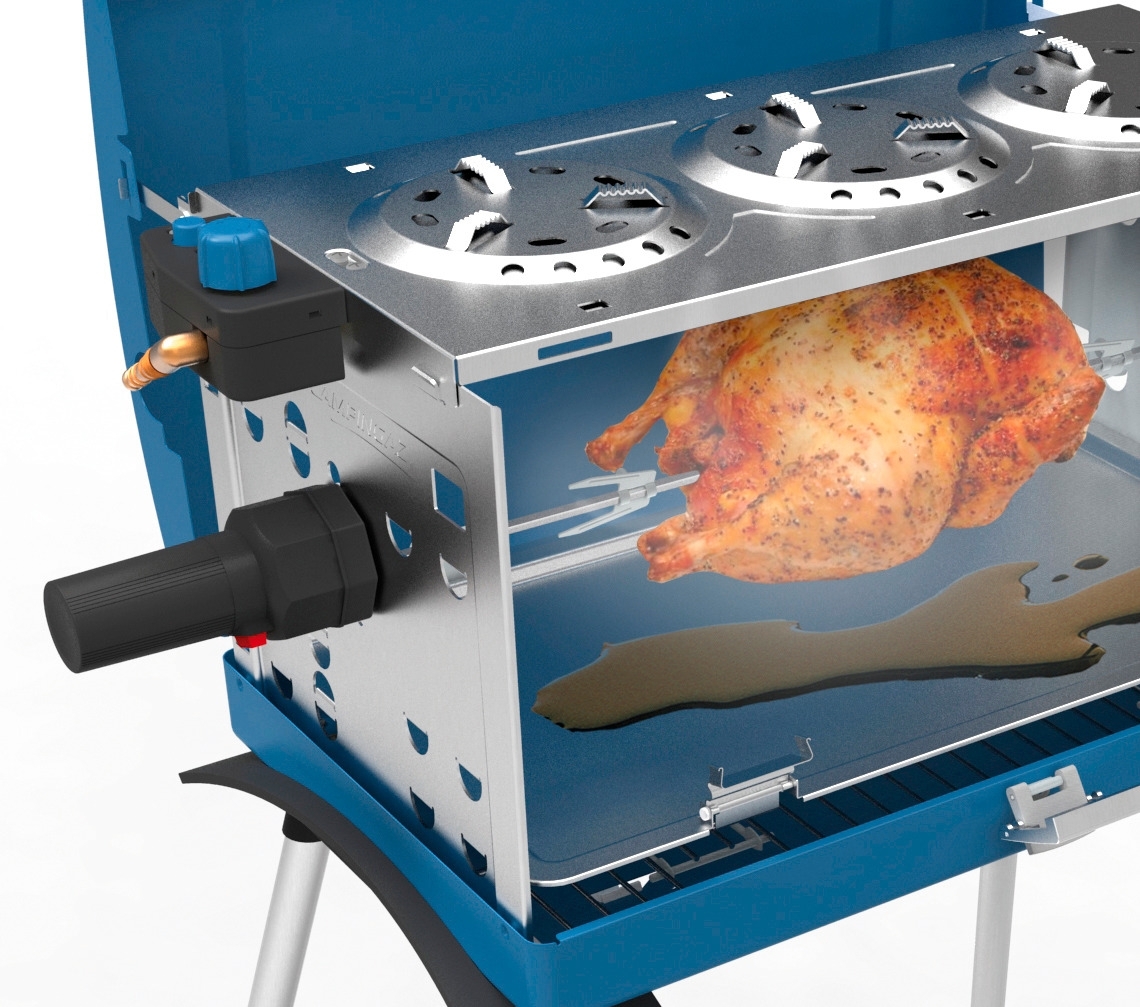 Gasgrill, transportabel, 3-flammig, mit Grillmotor, 50 mbar