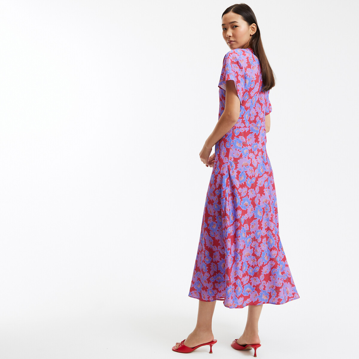 COLEÇÃO LA REDOUTE<br>Vestido maxi floral, decote em V, mangas curtas
