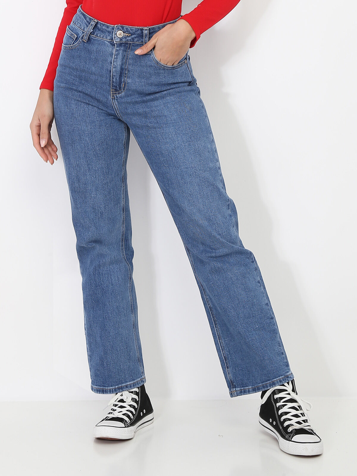 Jeans mom droit en coton- Bleu