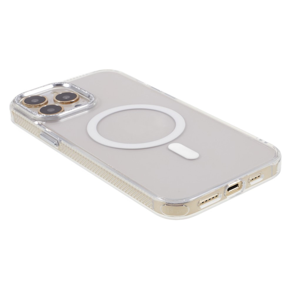 iPhone 14 Pro Max MagSafe Gummi Case Hülle mit Glitzer Aluminium Kameraschutz - Weiss / Transparent