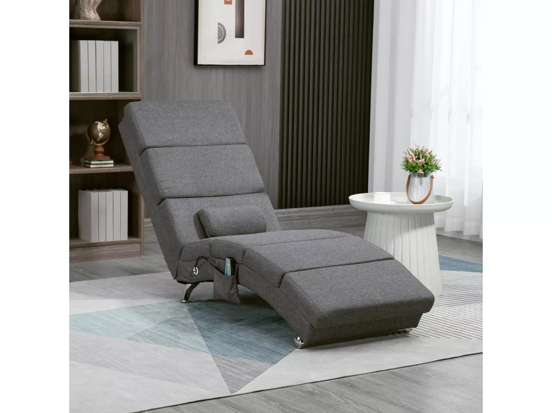 Fauteuil relax massant chauffant design contemporain - chaise longue d'intérieur - piètement métal chromé tissu gris