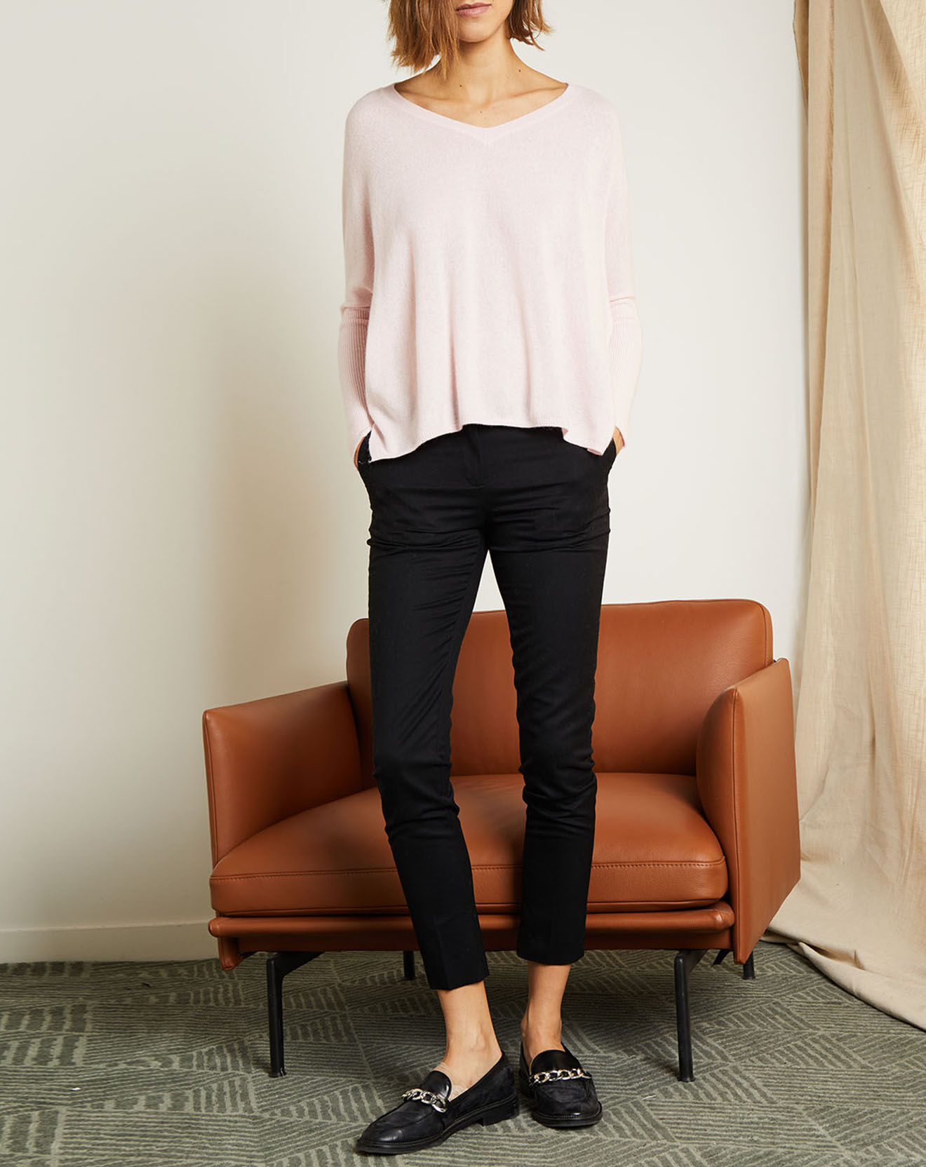 Miss Cashmere Pull poncho 100% Cachemire Axelle Col V rose poudre