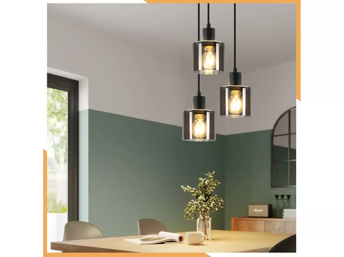 NETTLIFE Suspension Verre Noir Diam.26cm E27 Salon 3 Ampoules Lampe de Salle à Manger Vintage Lampe à Industrielle Réglable en Hauteur