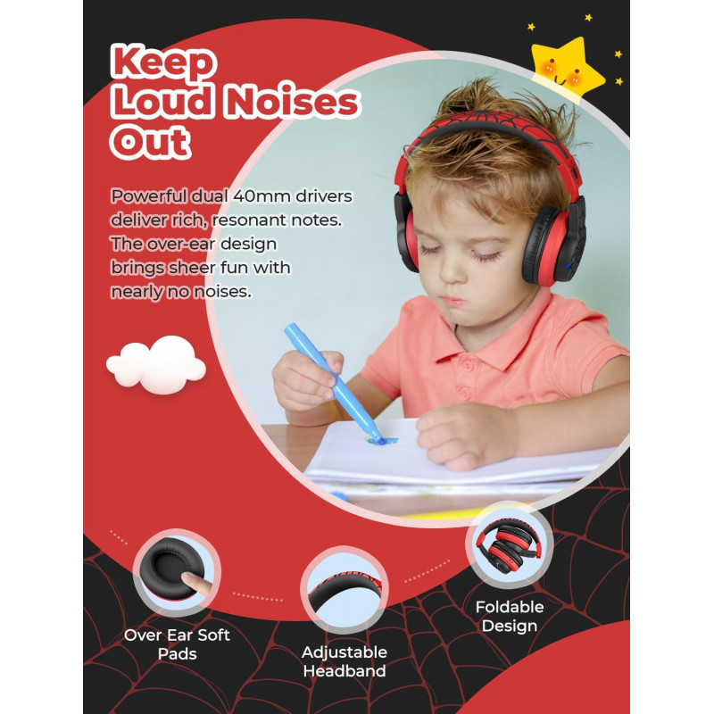 BTH12 Headphone Kids BT LED Bluetooth Kopfhörer Over-Ear 74/85dB Lautstärkeeinstellungen (C03-1702N-37) - Schwarz / Rot