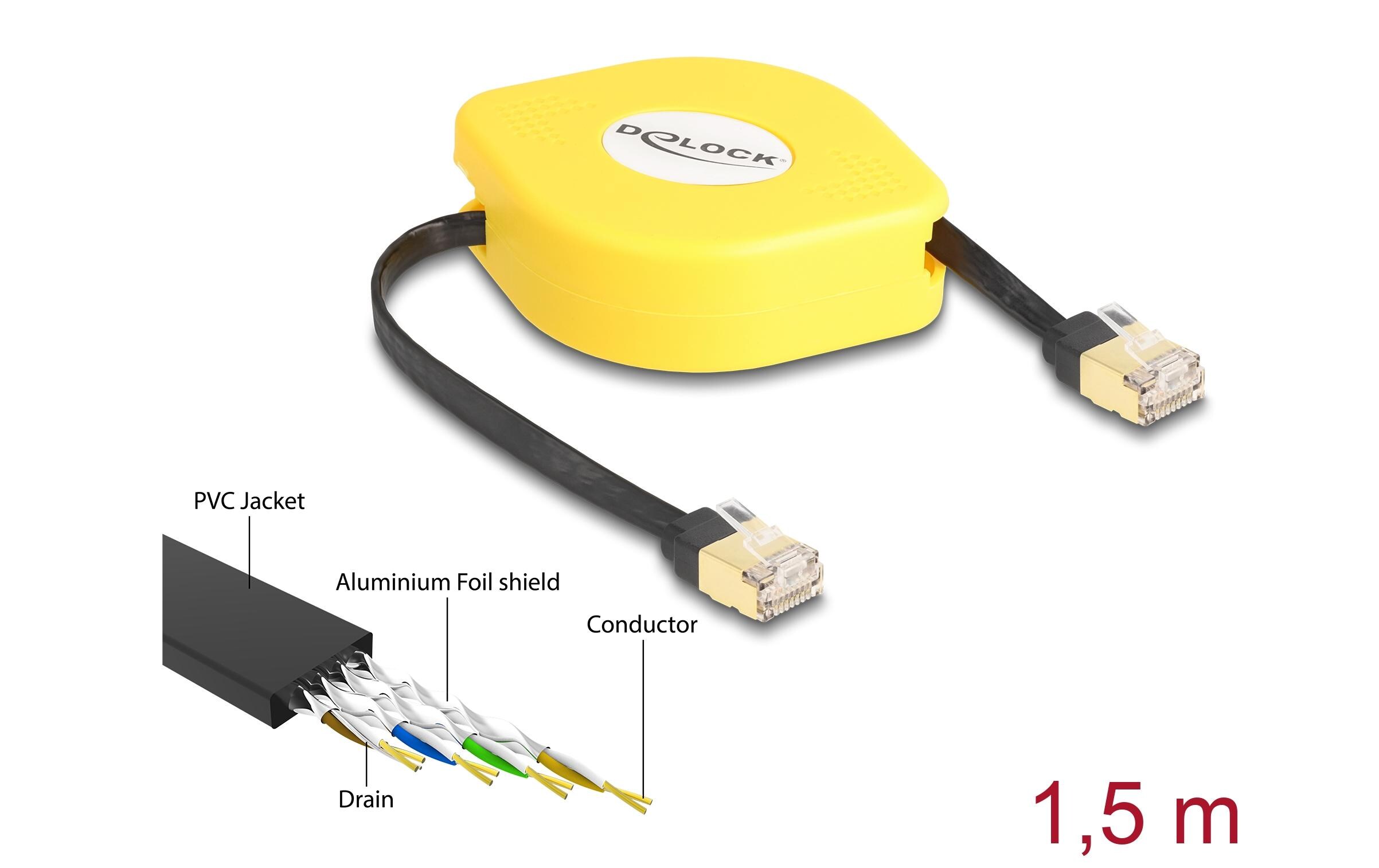 Patchkabel Aufrollkabel Cat 6A, STP, 1.5 m, Gelb; SchwarzDelock RJ45 Aufrollkabel Cat.6A STP 1.5 m schwarz / gelb
