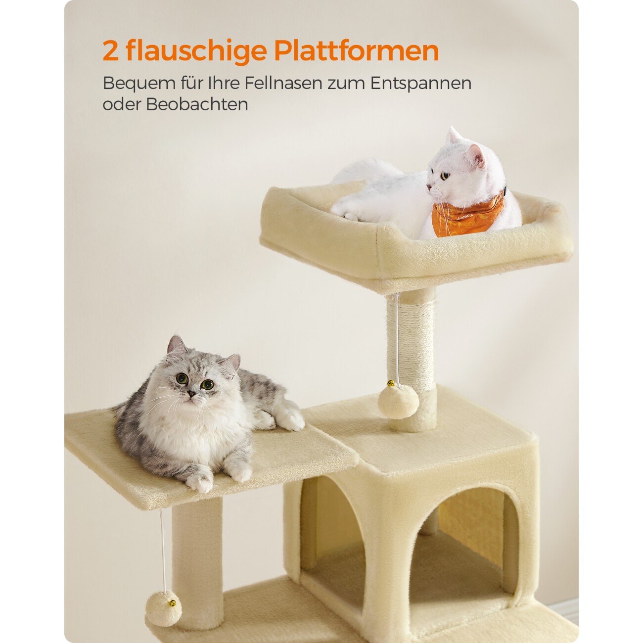 FEANDREA L Kratzbaum mit Hängematte und 1 Höhle 143 cm beige