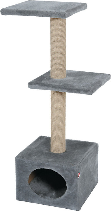 Arbre à chat Duo, 1 niche + 2 poteaux + 2 plateaux, coloris gris