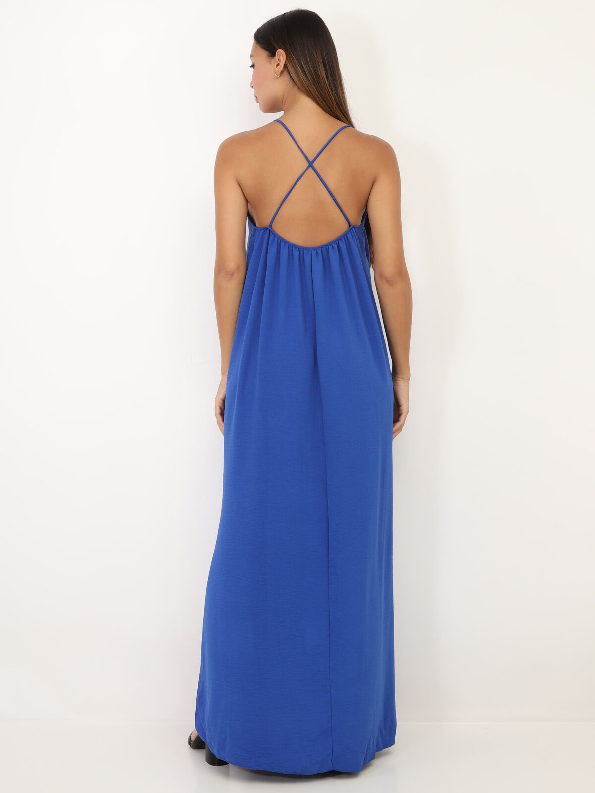 Robe longue fendue à dos croisé- Bleu