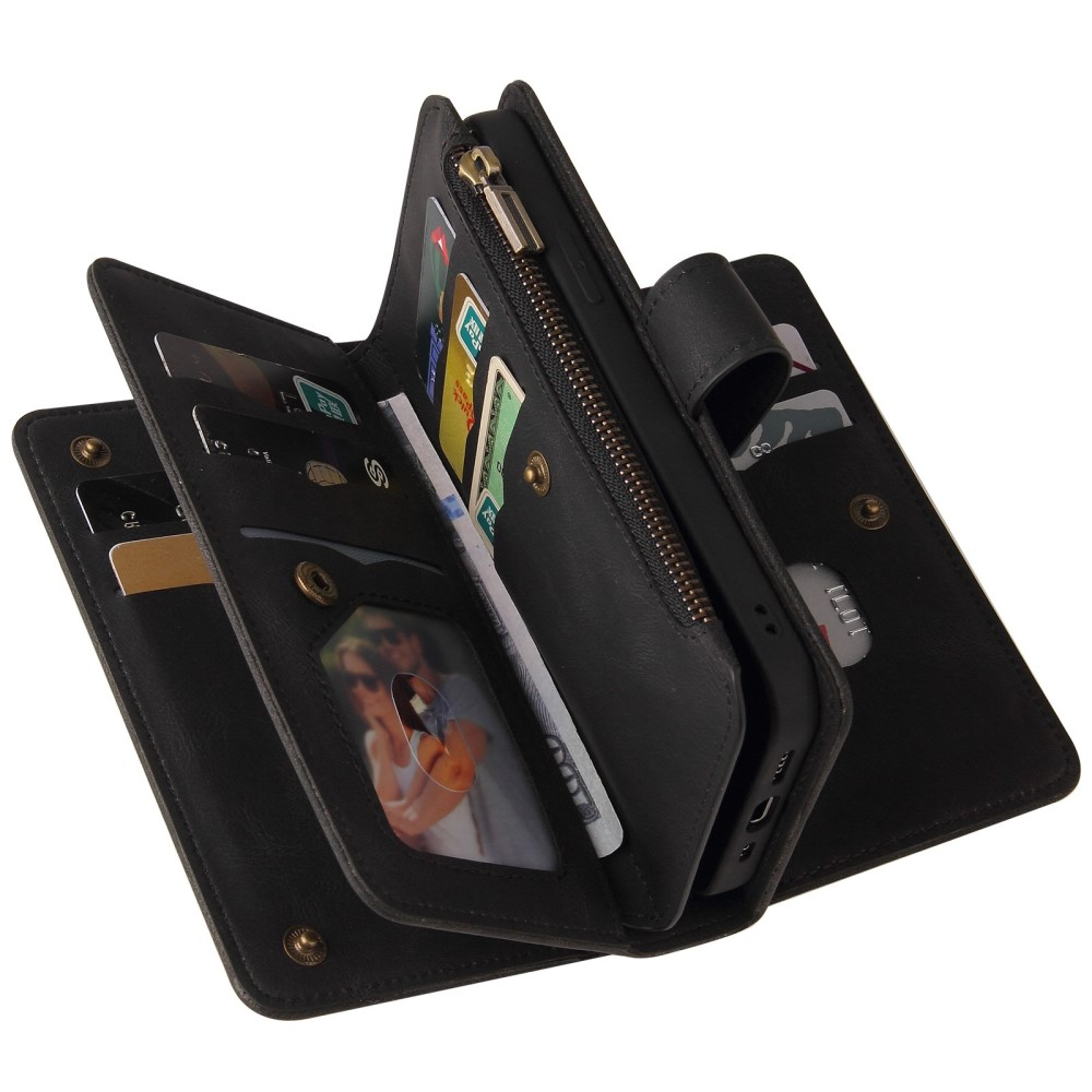 iPhone 14 Pro Leder Wallet Etui Tasche mit 13 Kartenfächern   Münzfach - Schwarz